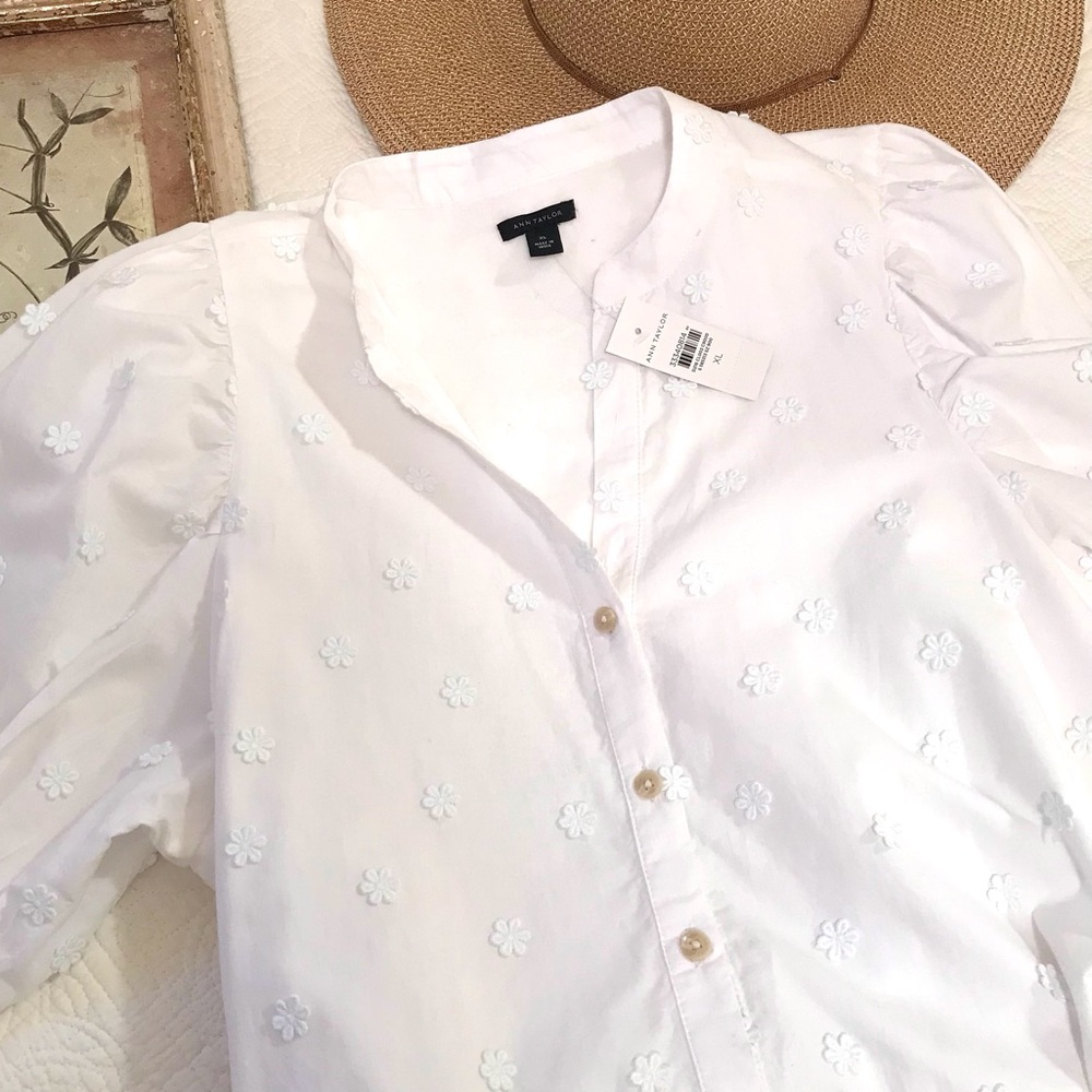 NWT Ann Taylor White Floral Appliqué Tie Waist Shirtdress - Picture 11 of 16